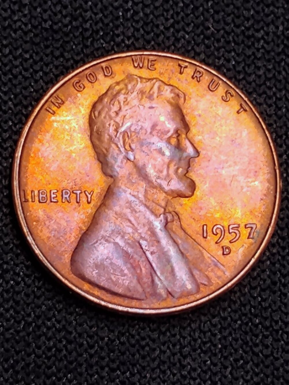1957 D Wheat Penny Lincoln US 1c cent Coin Brilliant AU Red RD Toned Gem